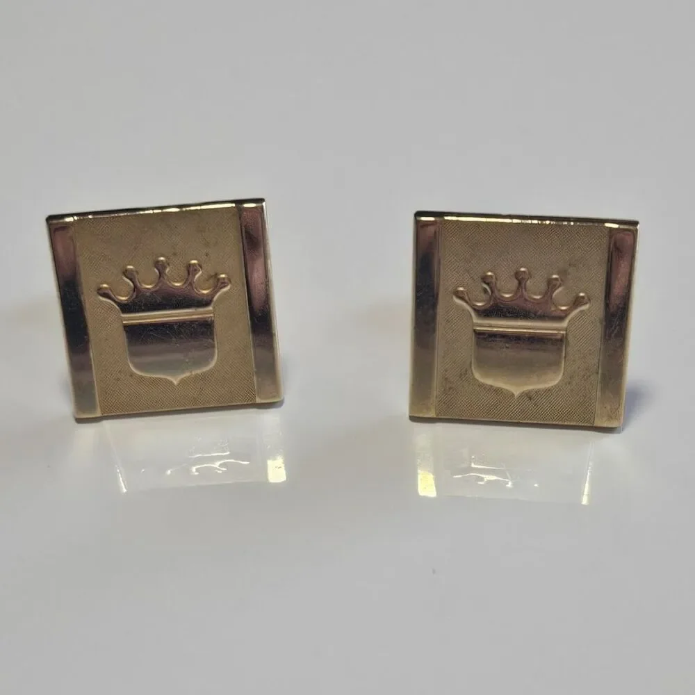 Vintage Cuff Link Pair Gold Tone Metal King Crown Center Mens cufflinks